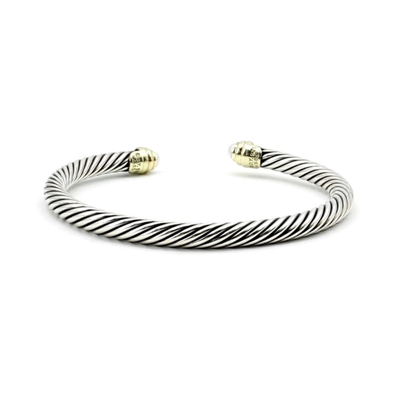 ♥️SOLD♥️DAVID YURMAN * Classic Sterling Silver & 14K Gold Pearl 5mm Cable Cuff - Picture 2 of 6